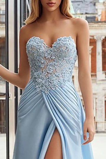 Sky Blue A Line Appliqued Strapless Prom Dress with Slit